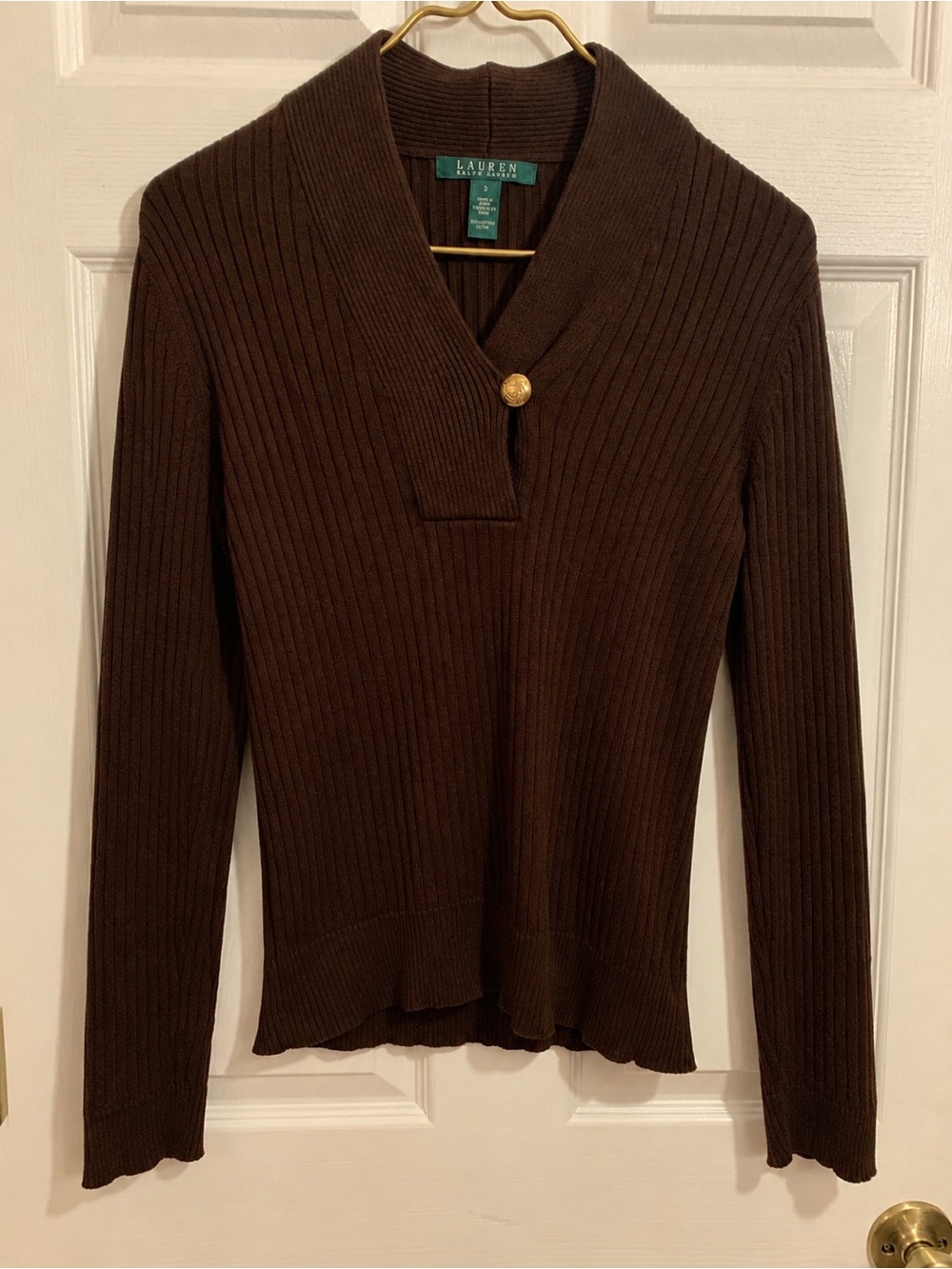 Lauren Ralph Lauren Brown Ribbed Sweater Gold Button Size S